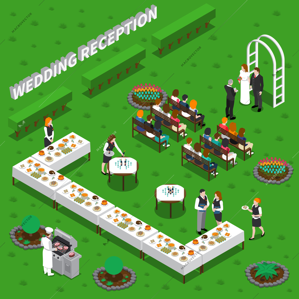 Wedding reception catering services isometric composition with ceremony, chef, waiters, table setting on green background vector illustration