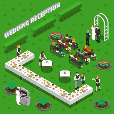 Wedding reception catering services isometric composition with ceremony, chef, waiters, table setting on green background vector illustration