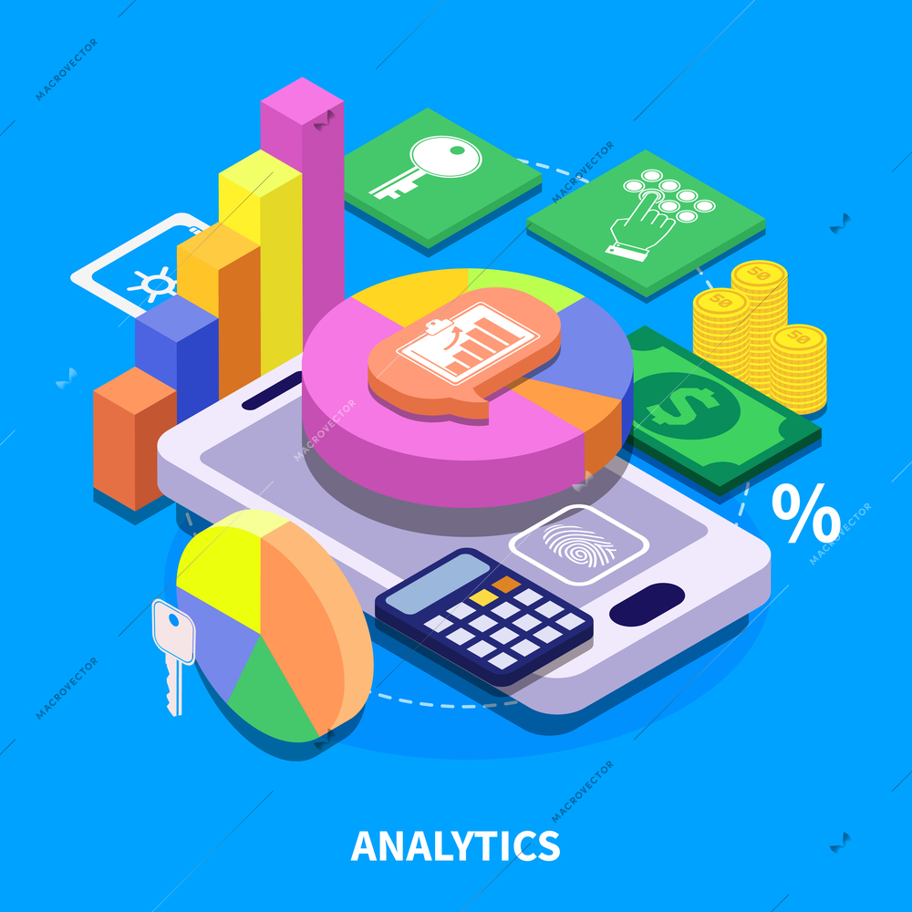 Analytics concept with colorful 3d diagrams presenting financial security data isometric vector illustration