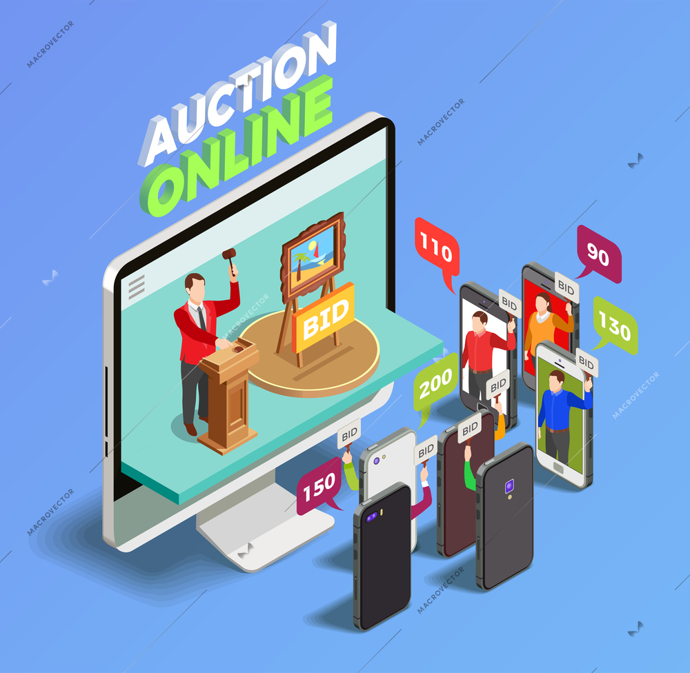 Auction isometric conceptual composition with desktop computer and smartphones taking action in online auction with thought bubbles vector illustration