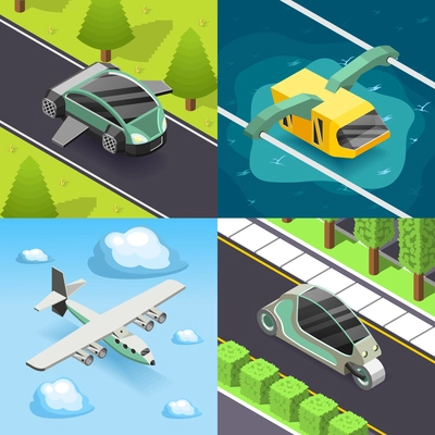 Future transport 2x2 design concept set of flying and land transport scooter and funicular square icons isometric vector illustration