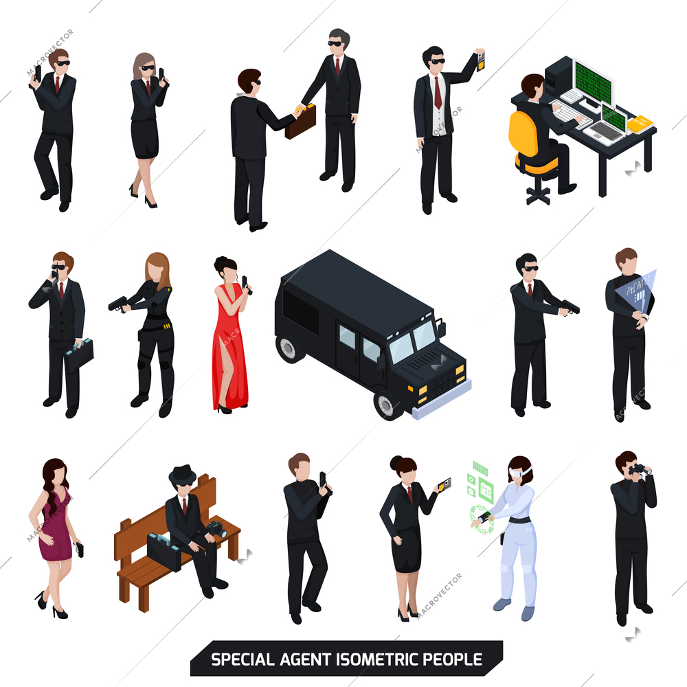 Special agent set of isometric people with sexy women, men in black with handgun isolated vector illustration