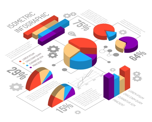 Isometric infographics design template with cumbersome circular graphs editable text percentage values and grey gear pictograms vector illustration