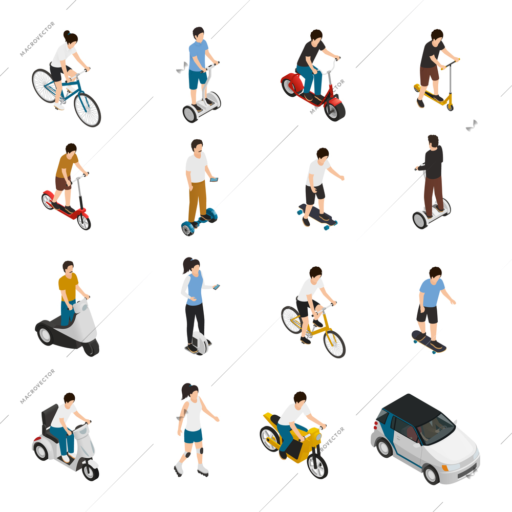 Personal eco friendly transportation isometric set with people riding electric scooter and car bicycle skateboard segway roller segwheel isolated vector illustration