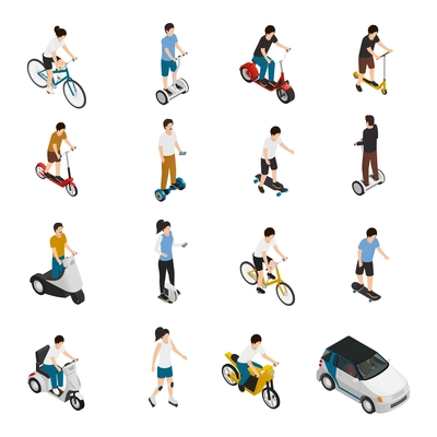 Personal eco friendly transportation isometric set with people riding electric scooter and car bicycle skateboard segway roller segwheel isolated vector illustration