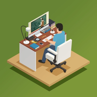 Elearning isometric composition with young man sitting home at computer and receiving distance learning vector illustration