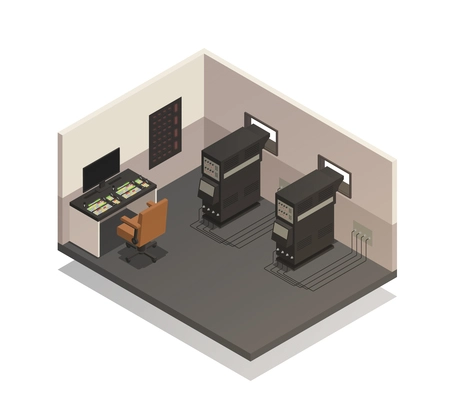 Empty cinema room for projectionist isometric composition with sound control panel and projectors 3d vector illustration