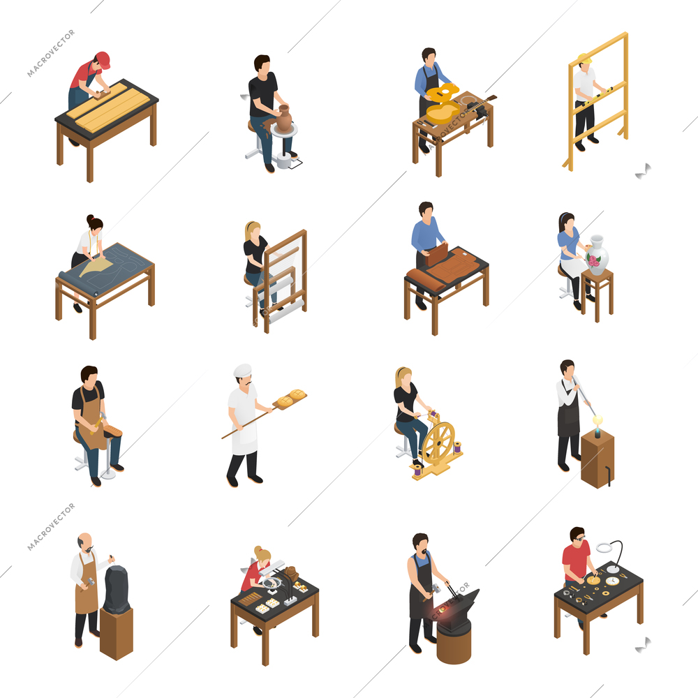 Artisan isometric set with baker glassblower carpenter tailor weaver potter shoemaker carpenter blacksmith sculptor ceramic artist figurines isolated vector illustration