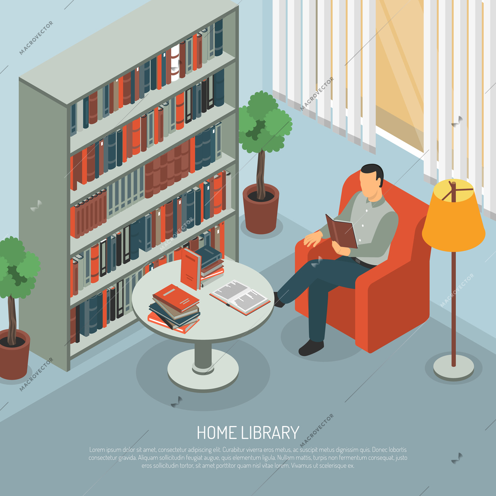 Isometric book reading composition with domestic interior big book cabinet and himan character in chair with text vector illustration