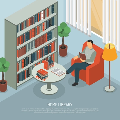 Isometric book reading composition with domestic interior big book cabinet and himan character in chair with text vector illustration