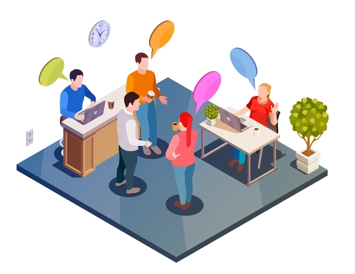 Coworking people isometric composition with office workspace environment and faceless human characters with flat thought bubbles vector illustration