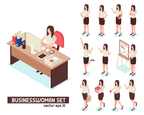 Businesswomen isometric set of female characters in office space isolated on white background vector illustration