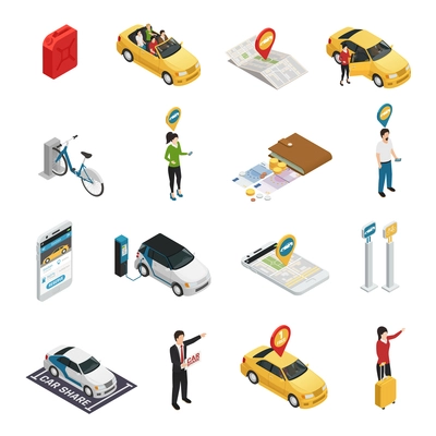 Carsharing carpooling ridesharing isometric  icons with people using individual and collective reservation of cars via web application isolated vector illustration