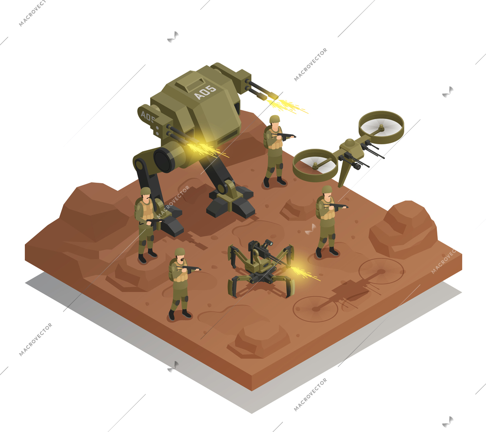 Fighting robots isometric composition with walking tank infantry stormtrooper drone decorative icons vector illustration