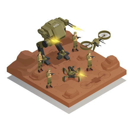 Fighting robots isometric composition with walking tank infantry stormtrooper drone decorative icons vector illustration