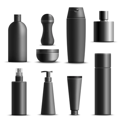 Set of realistic mens cosmetics in black packaging including cream, shampoo, deodorant, perfume, soap isolated vector illustration