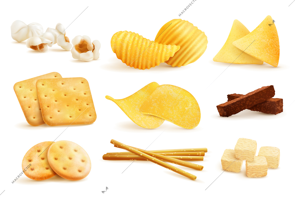 Salty snacks set with isolated images of nachos chips cookies and pop corn on blank background vector illustration