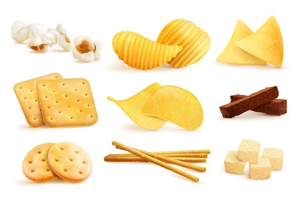 Salty snacks set with isolated images of nachos chips cookies and pop corn on blank background vector illustration