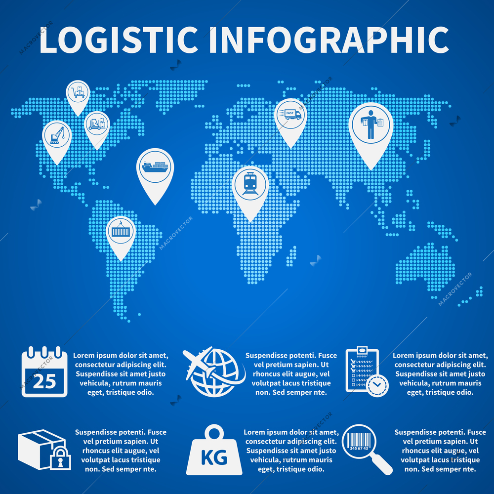 Logistic freight service infographic icons set on world map vector illustration