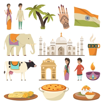 India orthogonal isolated icons set with dishes of national cuisine ethnic symbols historic landmarks flat vector illustration