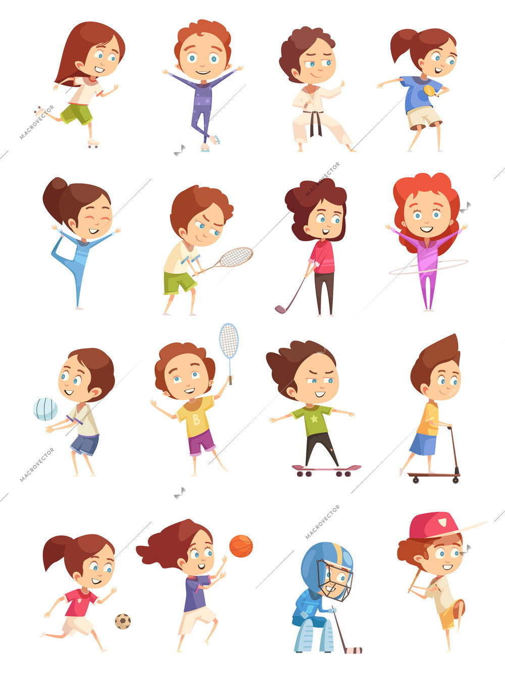 Kids sport decorative icons set with colored cartoon figurines of cute children who are engaged in various sports flat isolated vector illustration