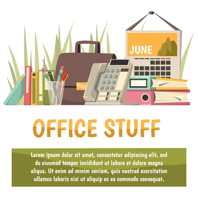 Office flat orthogonal background with office stuff headline and place for text vector illustration