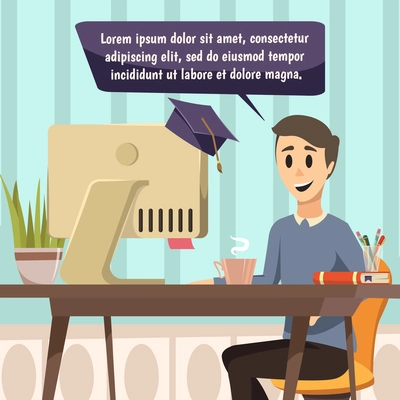 Online education orthogonal composition in comic book style with cartoon character near monitor covered  with magistracy hat and speech bubble flat vector illustration