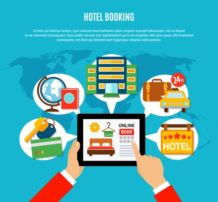 Hotel booking design concept with man hands holding tablet with online booking service page on screen flat vector illustration