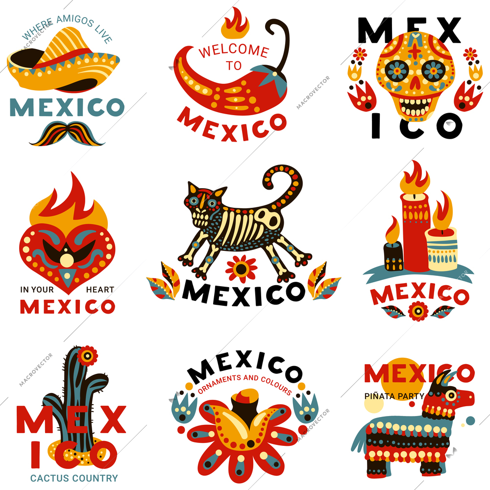 Day of dead mexican national holiday symbols emblems colorful icons set with skull chili cactus isolated vector illustration