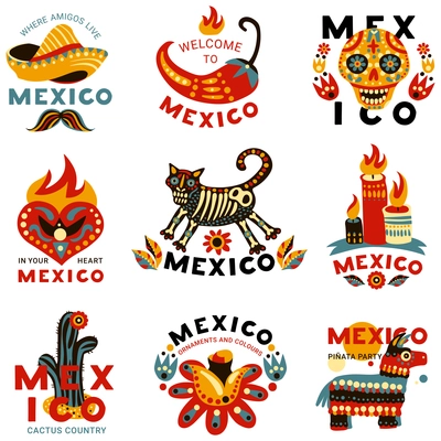 Day of dead mexican national holiday symbols emblems colorful icons set with skull chili cactus isolated vector illustration