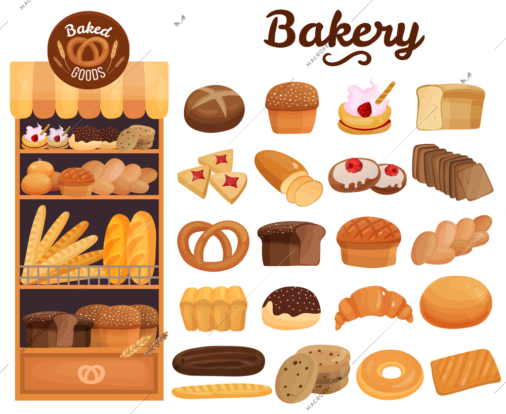 Set of bakery products on wooden shelves including bread, pie, cookies, buns, bagel, pretzel isolated vector illustration