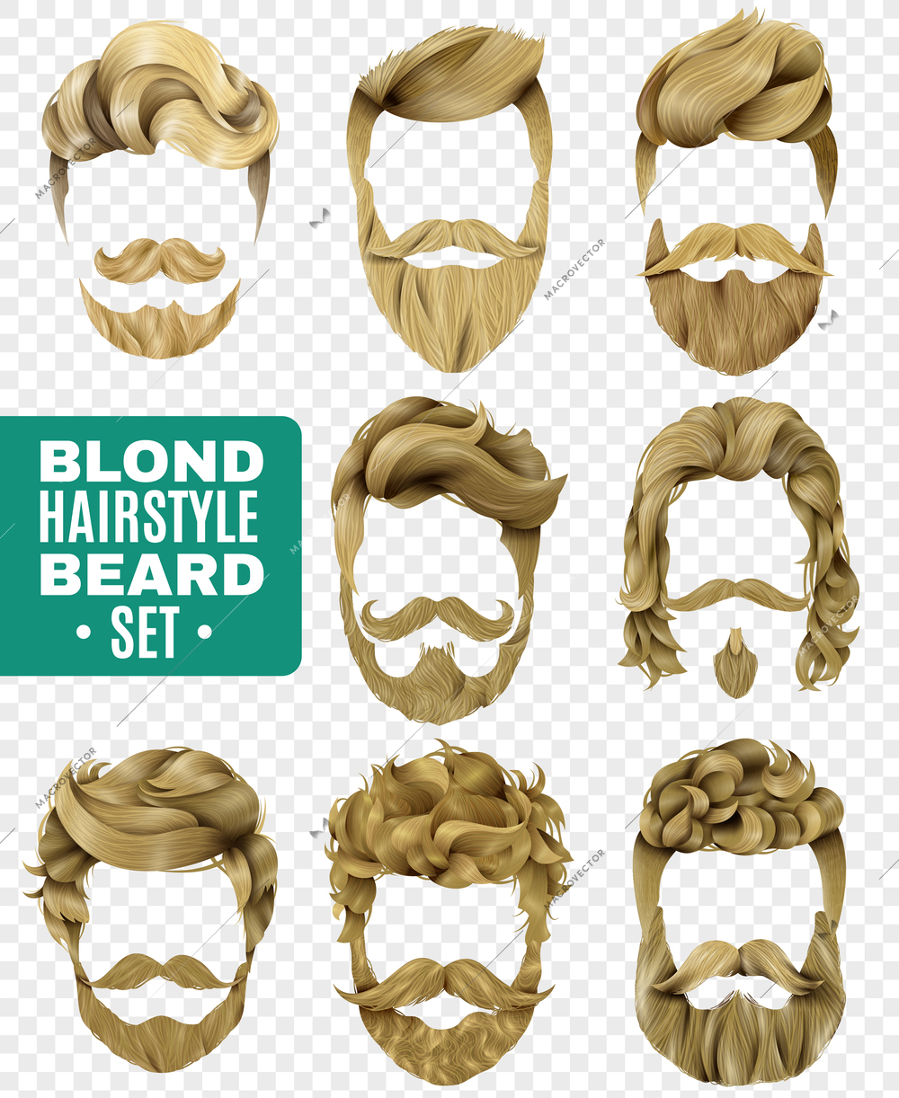 Realistic set of various trendy styles for male blond hair and beard isolated on transparent background vector illustration