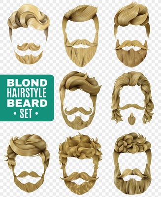 Realistic set of various trendy styles for male blond hair and beard isolated on transparent background vector illustration