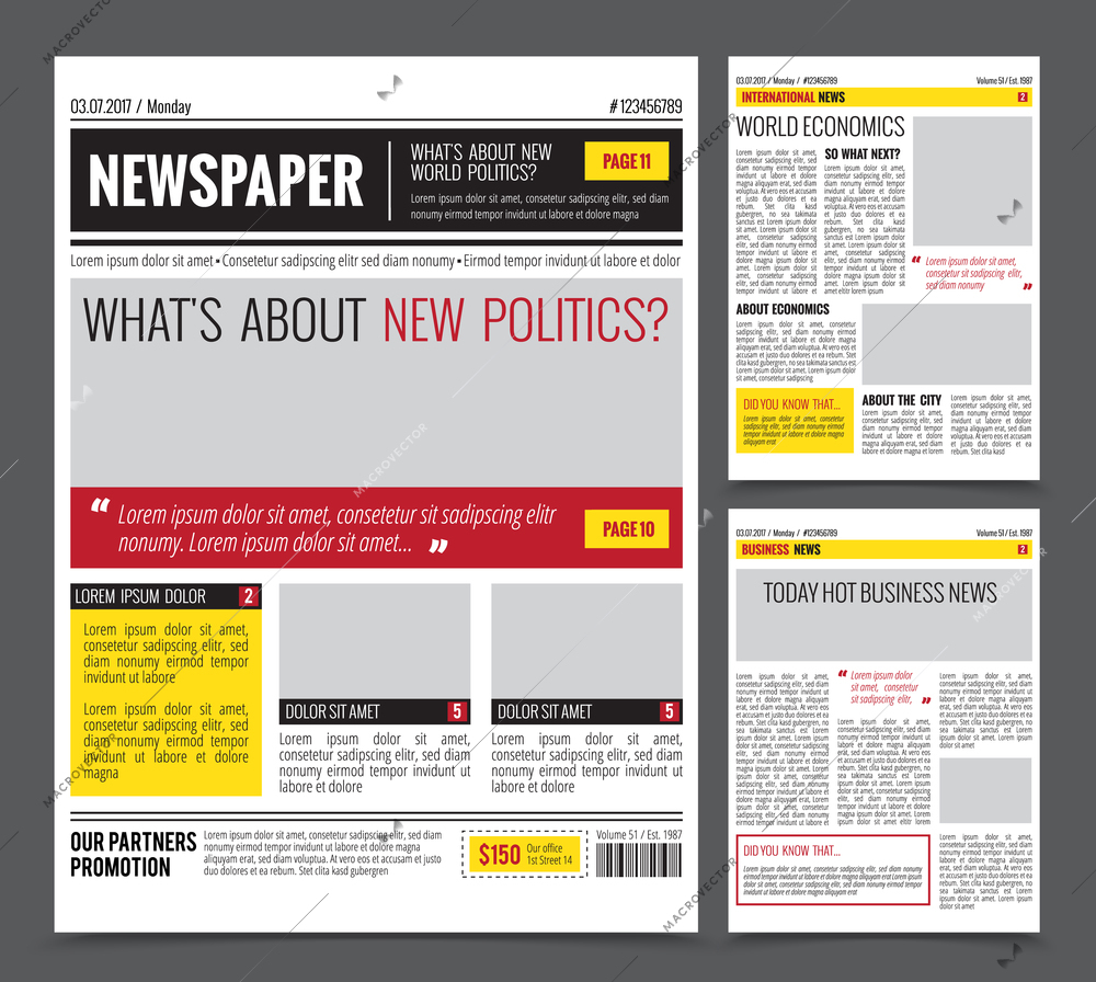 Daily newspaper colored template for website design with three page layout headlines quotes and text articles flat vector illustration