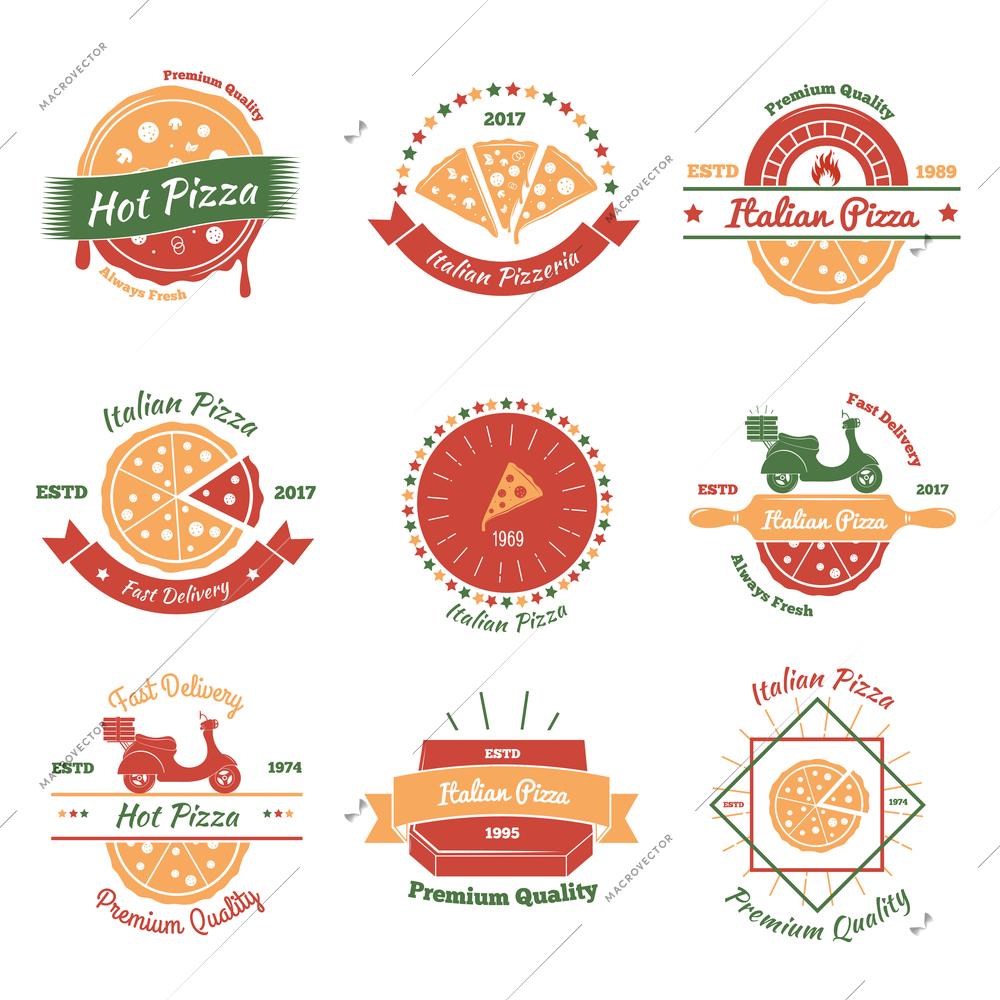 Pizza vintage emblems color set with nine flat isolated images for fast food pizzeria and delivery vector illustration