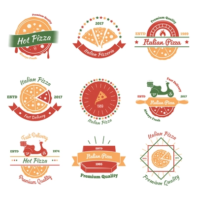 Pizza vintage emblems color set with nine flat isolated images for fast food pizzeria and delivery vector illustration