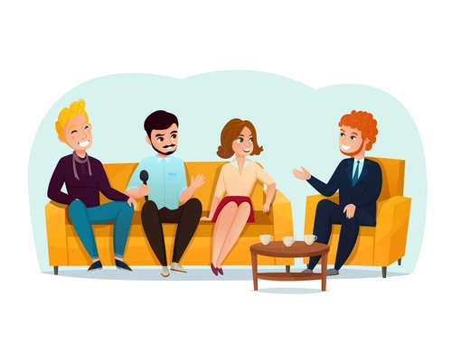 Three smiling talk show participants sitting on yellow sofa cartoon vector illustration