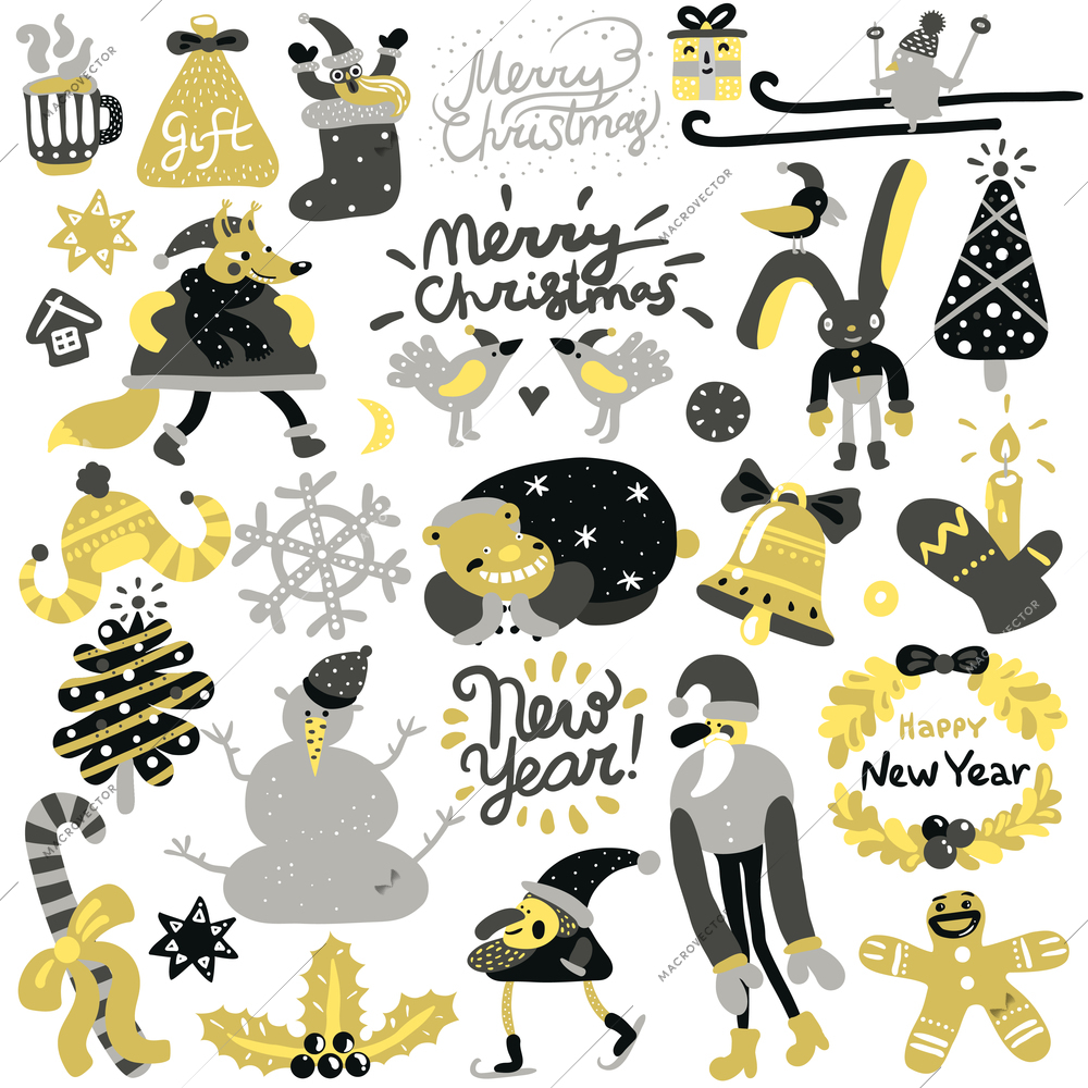 Christmas elements set with calligraphic letterings, year tree, santa on ski, snowman and animals isolated vector illustration