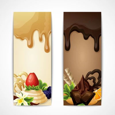Sweets dessert food chocolate caramel vanilla banners vertical vector illustration