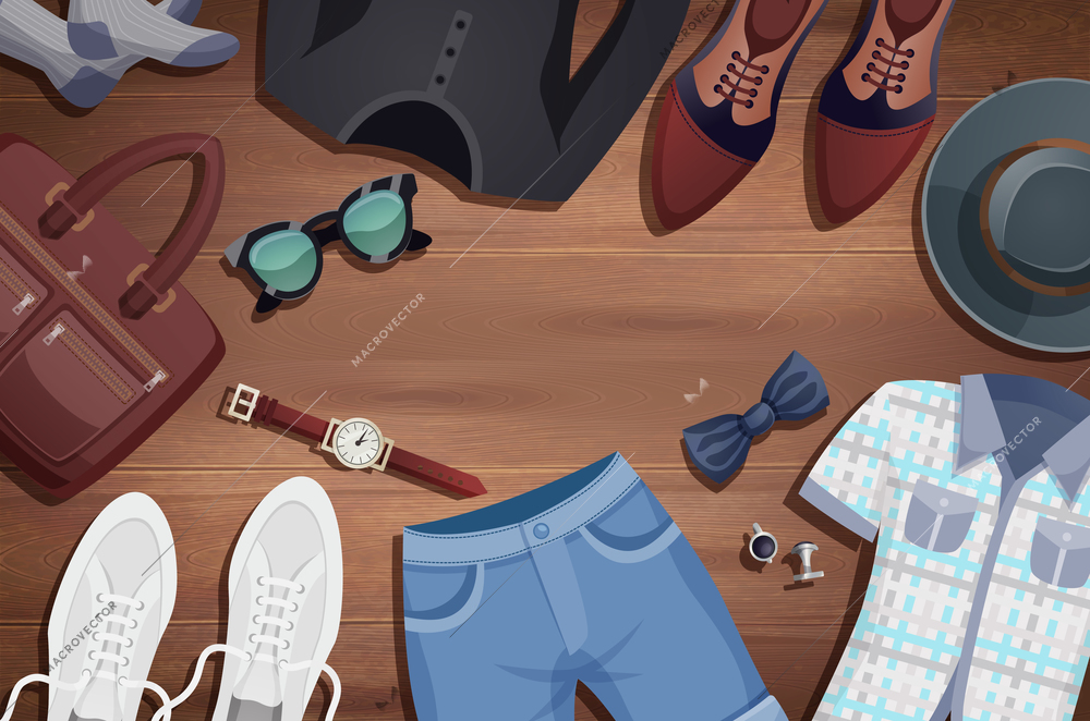 Colored men accessories illustration background clothes and accessories laid out on the wooden floor vector illustration