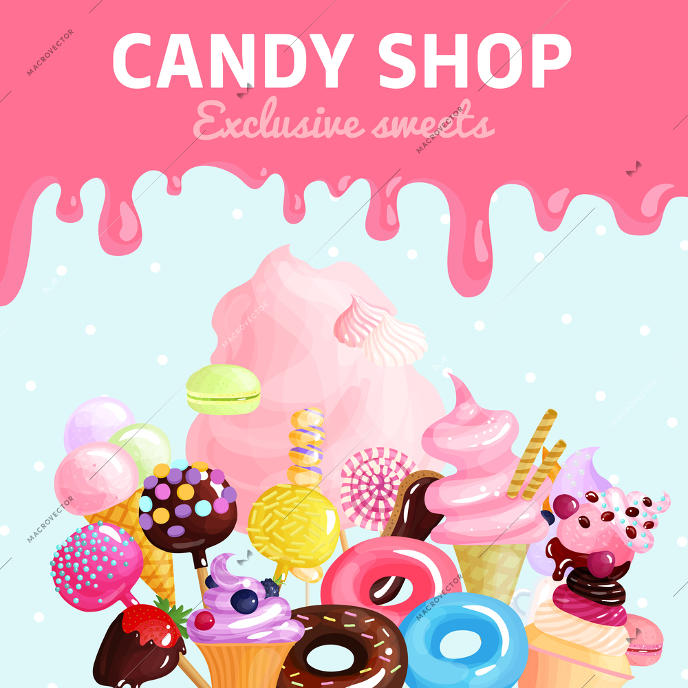 Colored cartoon sweets candy shop poster with exclusive sweets headline and a lot of cream vector illustration
