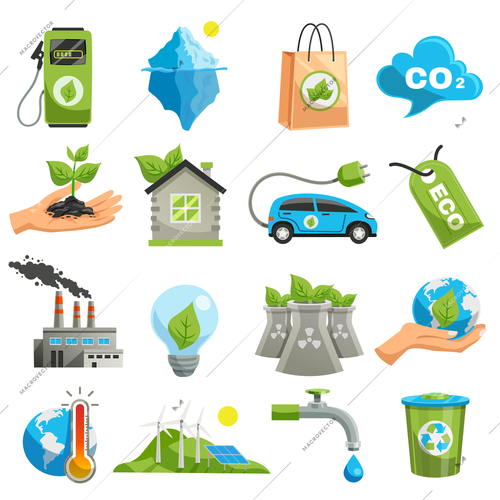 Isolated eco icon set with tools with the help of which ecology does not collapse vector illustration