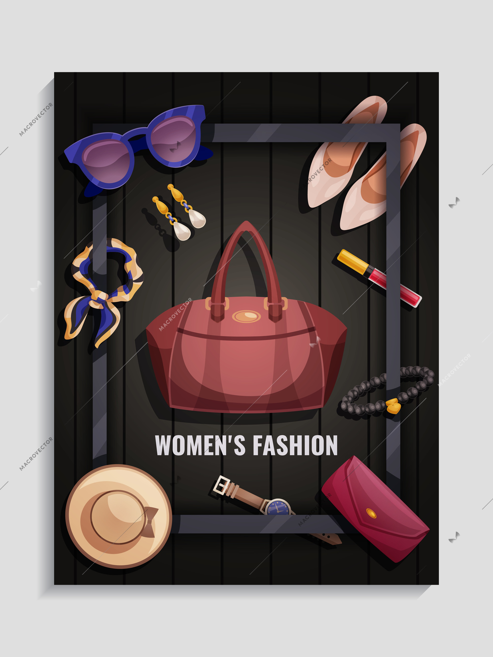 Colored women accessories poster with women s fashion headlines and hat handbag shoes cosmetics vector illustration