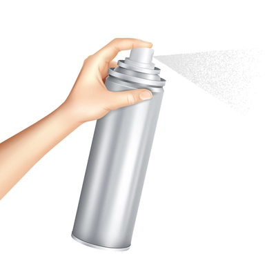 Hand holding and pressing down nozzle of aluminium aerosol can spraying liquid particles mist realistic vector illustration