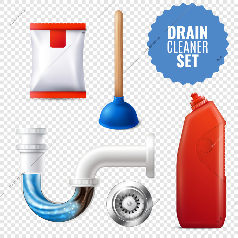 3D style drain cleaner transparent icon set with equipment and attributes for clean pipes vector illustration