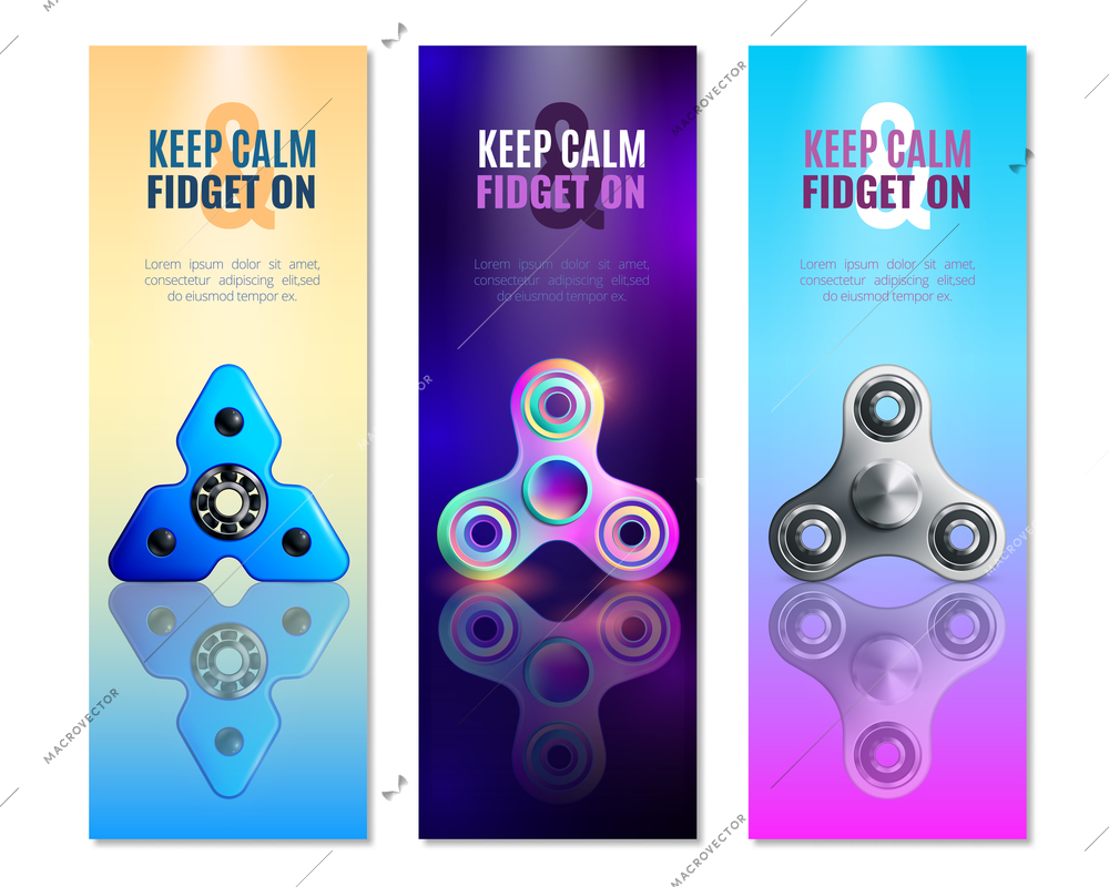 Three hand spinner toys vertical banner set with different types of toy and big headlines vector illustration