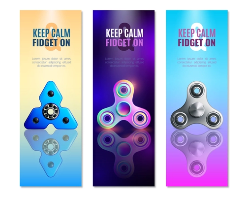 Three hand spinner toys vertical banner set with different types of toy and big headlines vector illustration