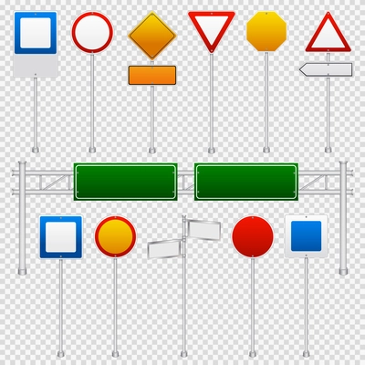 Realistic blank templates road traffic regulatory and warning signs set in color on transparent background vector illustration