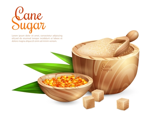 Cane sugar background with realistic images of wooden tub filled with granulated sugar and sweet candies vector illustration