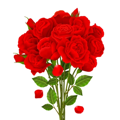 Rose bouquet with red flowers and green leaves realistic vector illustration